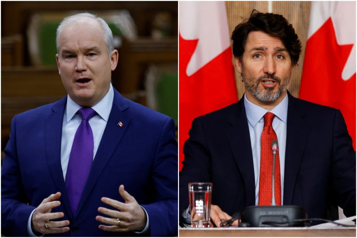 Le premier ministre Justin Trudeau s’entretient avec le chef de l’opposition officielle, Erin O’Toole